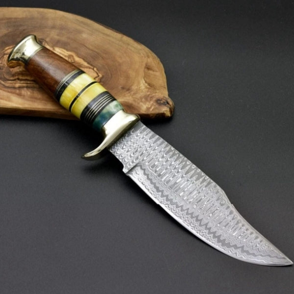 Damascus Steel Bowie Knife with Exotic Rose Wood Handle & Leather Sheath