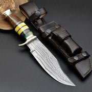 Damascus Steel Bowie Knife with Exotic Rose Wood Handle & Leather Sheath thumbnail