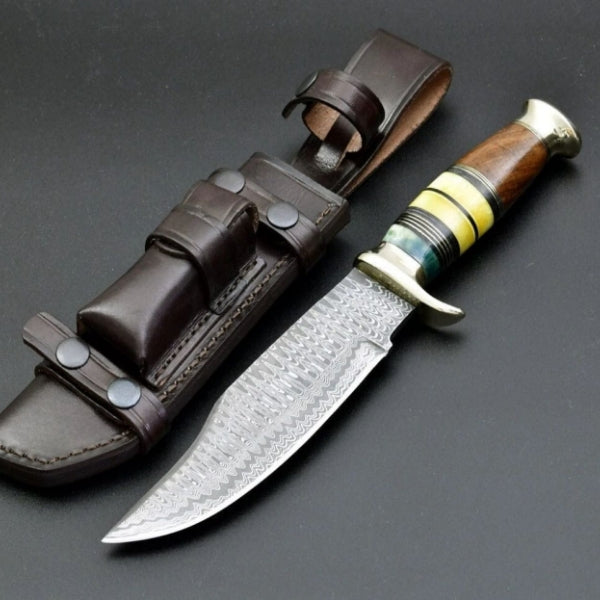 Damascus Steel Bowie Knife with Exotic Rose Wood Handle & Leather Sheath