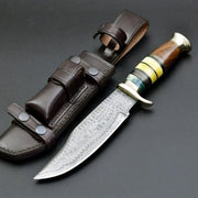 Damascus Steel Bowie Knife with Exotic Rose Wood Handle & Leather Sheath thumbnail