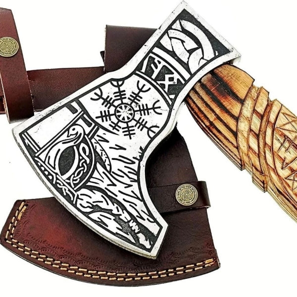 Custom Forged Carbon Steel Viking Axe with Ash Wood