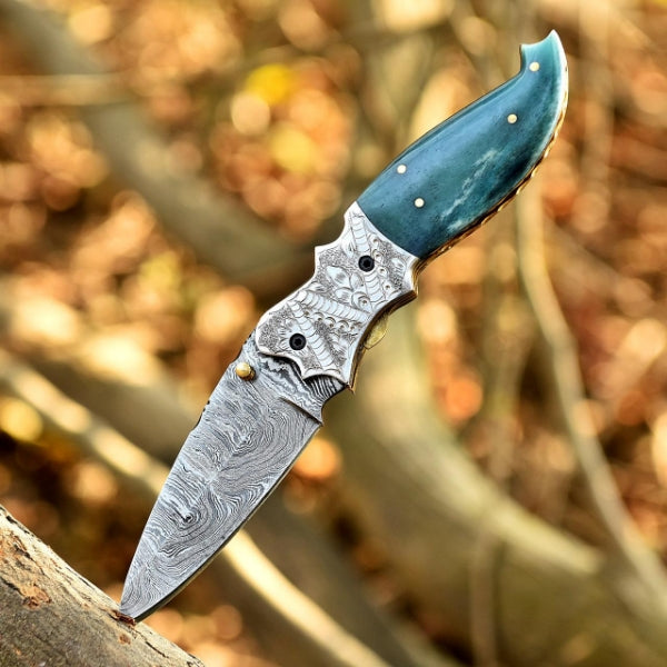 Handcrafted Damascus Steel Folding Pocket Knife – 8” Camel Bone Handle