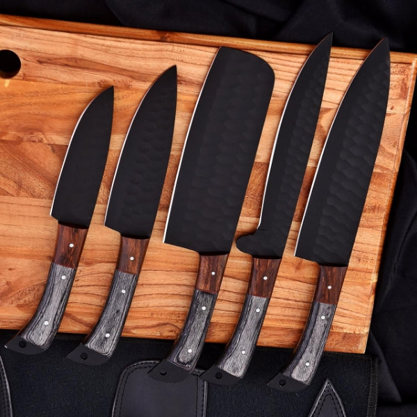 Premium 5-Piece High Carbon Stainless Steel Chef Knife Set with Hand-Stitched Leather Sheath