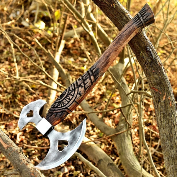 Hand Forged Viking Axe, D2 Steel, Heart Cutout, Ash Wood Handle